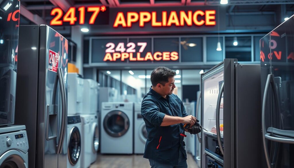 A 24/7 emergency appliance repair service hub, bustling with activity. In the foreground, a technician in a crisp uniform examines a malfunctioning refrigerator, tools in hand. The middle ground showcases a diverse array of household appliances - from washing machines to ovens - signaling the breadth of services offered. In the background, a sleek, modern building with bold signage conveys a sense of professionalism and reliability. Bright, directional lighting illuminates the scene, creating a sense of urgency and responsiveness. The overall atmosphere exudes efficiency, expertise, and a commitment to providing immediate, high-quality appliance repair solutions to customers in need, day or night.