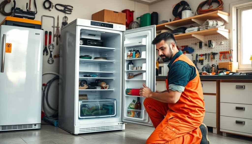 A Sharjah emergency appliance repair technician in a bright, well-lit workshop, kneeling beside an open refrigerator and closely inspecting its inner components with a focused expression. Surrounding the scene are various repair tools, spare parts, and diagnostic equipment neatly organized on shelves and workbenches, conveying a sense of professionalism and preparedness. The image should evoke a mood of efficiency, expertise, and a commitment to resolving the refrigerator issue promptly and effectively.