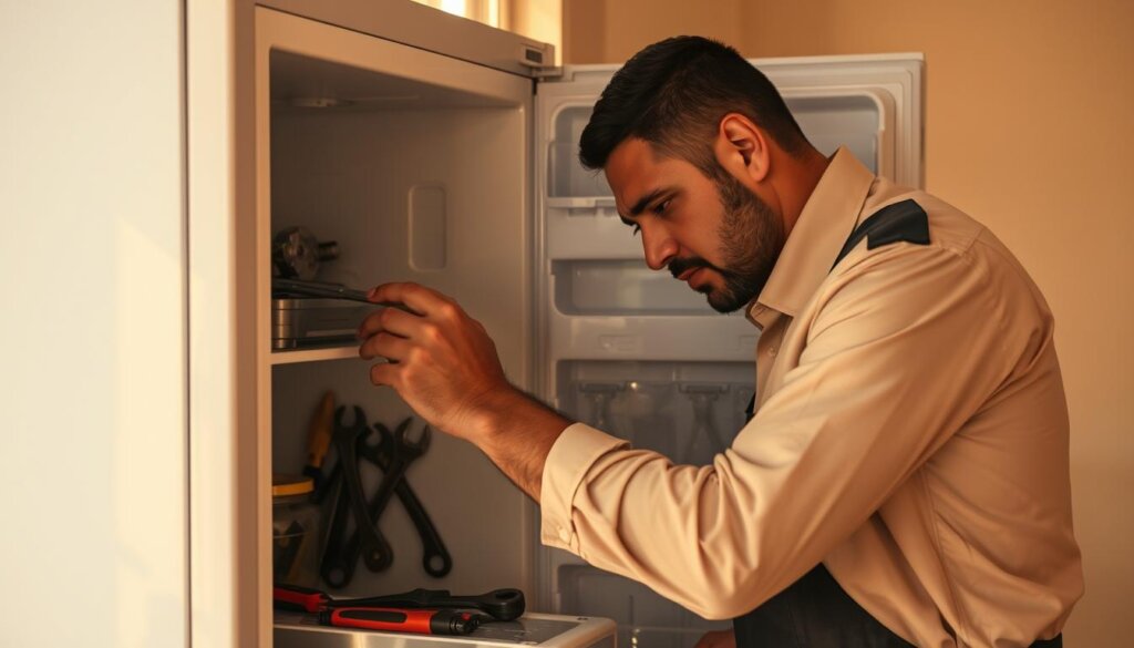 A Sharjah fridge technician intently examining the inner workings of a refrigerator, set against the backdrop of a typical Sharjah residential neighborhood. Warm afternoon sunlight filters through the window, casting a golden glow on the scene. The technician, clad in a crisp uniform, is deeply focused, his brow furrowed as he diagnoses the issue with precision. Surrounding him are the tools of his trade - wrenches, screwdrivers, and a variety of spare parts, all neatly organized. The refrigerator sits prominently in the frame, a symbol of the critical role these skilled professionals play in maintaining the functionality of this essential household appliance in Sharjah's hot, humid climate.
