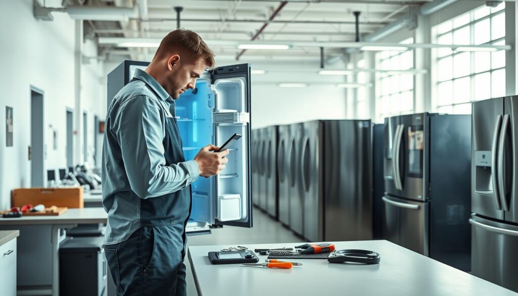 A bright, well-lit interior of a modern appliance repair workshop. In the foreground, a skilled technician meticulously examines the inner workings of a high-end refrigerator, tools neatly arranged on a clean workbench. The middle ground features rows of shiny, state-of-the-art appliances awaiting service, conveying a sense of professionalism and attention to detail. The background showcases a spacious, organized workshop with ample natural light filtering through large windows, suggesting a commitment to transparency and quality. The overall atmosphere exudes a reassuring combination of technical expertise, cleanliness, and customer-centric service.