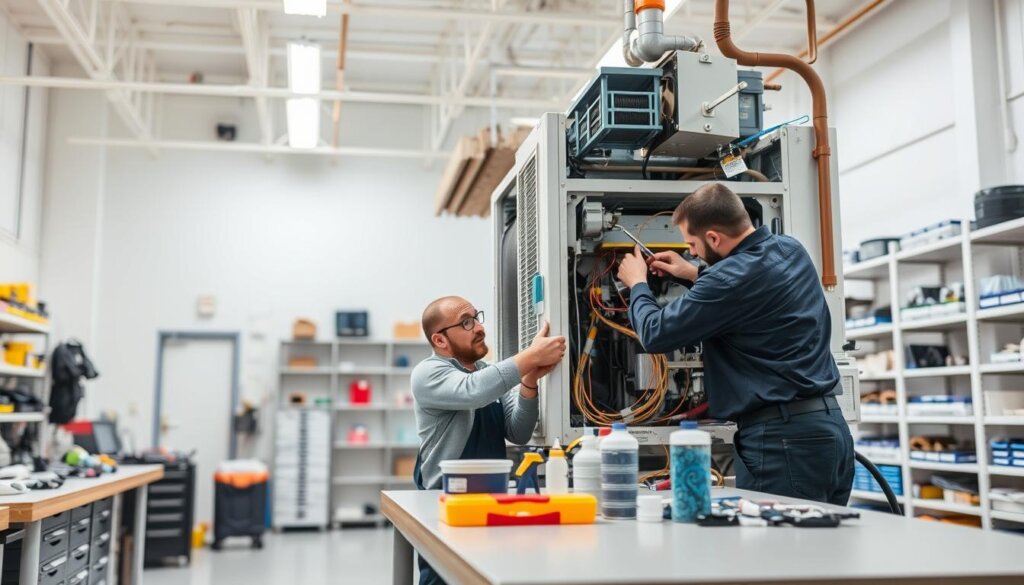 A brightly lit, spacious workshop with a central focus on an air conditioning unit being serviced by a team of skilled technicians. The foreground showcases the technicians carefully inspecting the components, using specialized tools and cleaning the unit's interior. The middle ground features a well-organized workbench with various AC maintenance supplies, while the background depicts a clean, organized workspace with shelves of spare parts and diagnostic equipment. The overall scene conveys a sense of professionalism, attention to detail, and a commitment to providing quality AC maintenance service.
