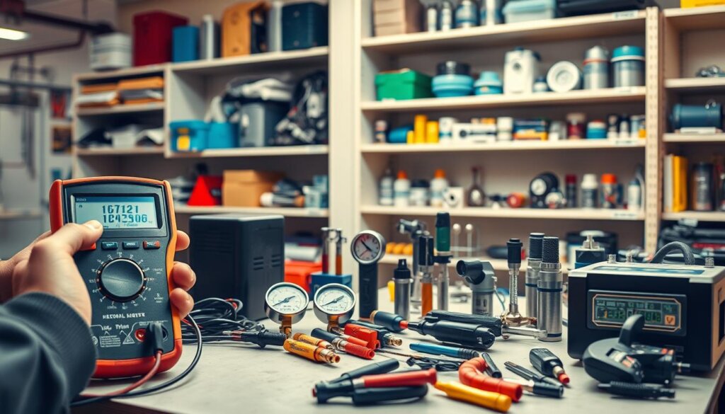 A brightly lit workshop scene showcasing an array of advanced diagnostic tools used for professional AC repair. In the foreground, a technician's hands manipulate a digital multimeter, testing electrical components with precision. In the middle ground, various specialized tools like manifold gauges, leak detectors, and refrigerant recovery units are neatly organized on a workbench. The background features shelves stocked with high-quality replacement parts and components, conveying a sense of preparedness and expertise. The lighting is warm and inviting, creating an atmosphere of technical competence and reliable service.