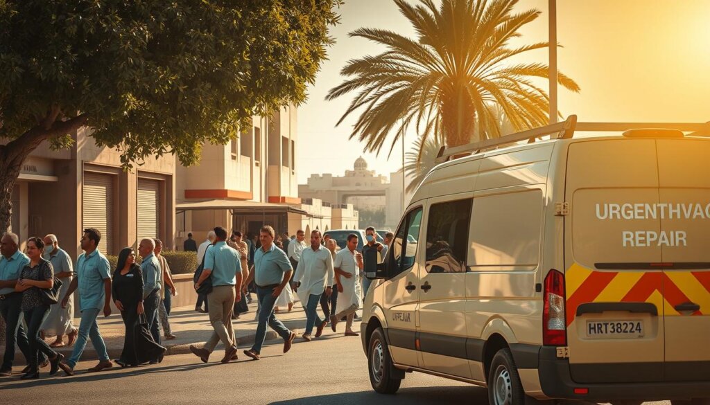 A bustling Sharjah street in the scorching midday sun, with an urgent HVAC repair van parked prominently in the foreground. Technicians in uniforms hustle to unload their tools, conveying a sense of urgency. In the middle ground, sweltering residents seek shelter under the shade of buildings, their faces etched with discomfort. The background showcases the distinctive architecture of Sharjah, hinting at the region's hot, arid climate. Dramatic lighting casts deep shadows, emphasizing the pressing need for reliable, same-day air conditioning repair in this relentless desert environment.