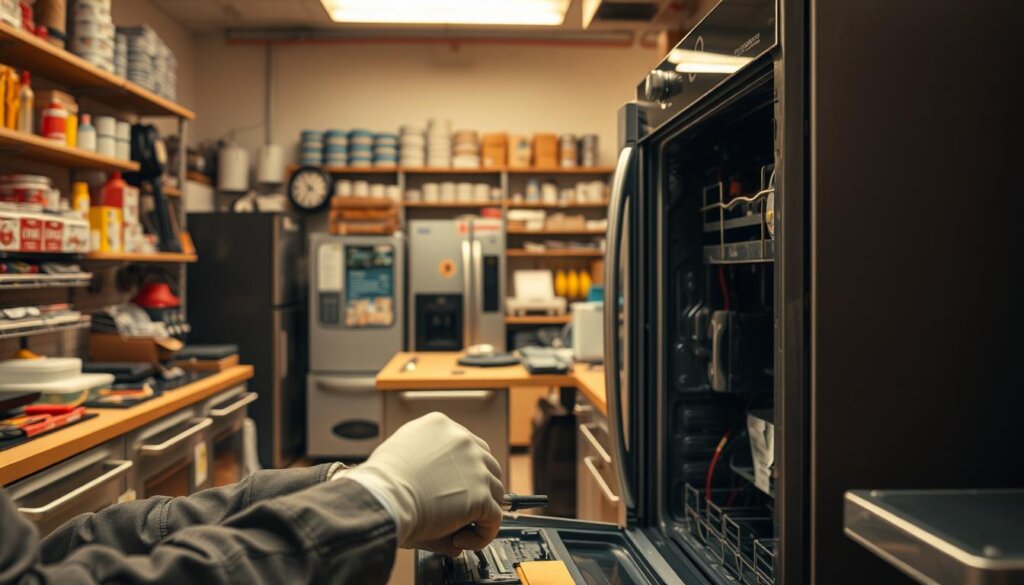 A bustling emergency repair service shop, with a skilled technician working intently on a high-end appliance. The foreground features the technician's hands, tools, and a detailed view of the appliance's internal components. The middle ground showcases the repair station, with various tools, spare parts, and a well-organized workspace. The background depicts the shop's interior, with shelves of replacement parts, a customer service counter, and a sense of efficiency and professionalism. Warm lighting illuminates the scene, creating a welcoming and reassuring atmosphere for customers in need of reliable appliance repair services.