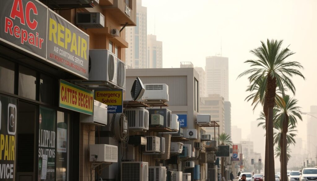 A bustling street in Ajman, United Arab Emirates, with various AC repair signs prominently displayed. In the foreground, a cluster of storefronts showcases vibrant signage advertising "AC Repair," "Air Conditioning Service," and "Emergency Cooling Solutions." The middle ground features a diverse array of air conditioning units, some mounted on walls, others standing on the ground, all in need of attention. The background is a hazy, sun-drenched cityscape, with towering buildings and palm trees swaying gently in the warm breeze. The overall mood is one of urgency and the need for immediate action, as the residents of Ajman prepare for the impending summer heat.
