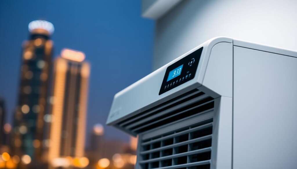 A close-up photograph of a professional-grade AC deodorizer unit against a blurred backdrop of an Ajman cityscape. The deodorizer is sleek and modern, with a white casing and intuitive digital controls. Soft, directional lighting illuminates the device, emphasizing its clean lines and advanced features. The overall mood is one of efficiency and attention to detail, reflecting the high-quality AC odor removal services available in Ajman.