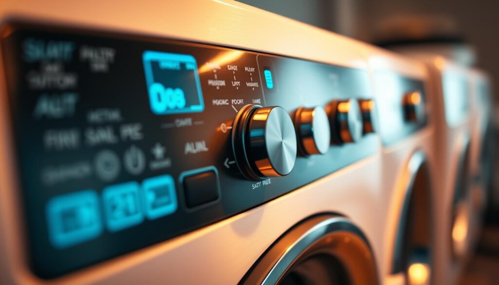 A close-up view of a modern washing machine control panel, with various buttons, dials, and digital displays. The panel is illuminated by soft, warm lighting, casting a gentle glow on the brushed metal and plastic surfaces. The foreground is in sharp focus, highlighting the intricate details of the controls, while the background is softly blurred, creating a sense of depth and emphasis on the panel. The image conveys a sense of technical complexity and the importance of properly addressing any issues with the control board and sensors to ensure the washing machine's optimal performance.