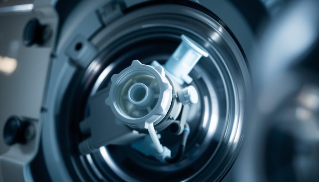 A close-up view of a washing machine's drain pump, illuminated by soft, directional lighting to showcase its intricate mechanical details. The pump's housing is partially disassembled, revealing its inner workings - the impeller, the motor, and the various connectors and fittings. The image is captured from a slightly elevated angle, providing a clear and accessible perspective for the viewer to examine the components. The background is blurred, keeping the focus on the drain pump and creating a sense of depth and visual interest. The overall mood is one of technical exploration and problem-solving, hinting at the potential malfunctions and troubleshooting steps described in the article.
