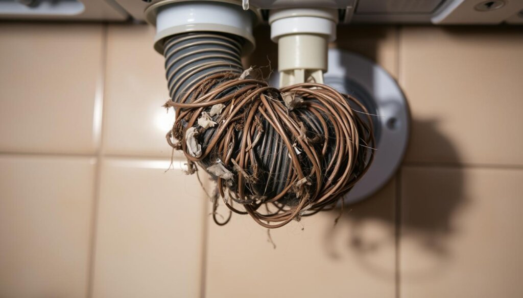 A closeup view of a washing machine drain hose, partially obstructed by a tangled mass of lint, hair, and other debris. The hose is mounted against a tiled backsplash, with a dimly lit, neutral-toned background. Soft, directional lighting illuminates the textural details of the clogged hose, casting subtle shadows that emphasize its twisted, kinked appearance. The overall scene conveys a sense of neglect and the need for maintenance, setting the stage for the "Inspecting and Unclogging the Drain Hose" section of the article.