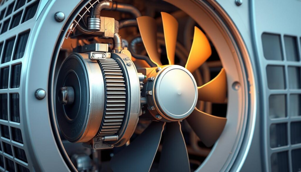 A detailed and technical illustration of an air conditioning unit's inner workings, showcasing the key components involved in troubleshooting grinding and scraping noises. The image should depict the AC unit's compressor, fan, and other critical parts in a well-lit, high-resolution 3D rendering, allowing the viewer to clearly observe the intricate mechanisms. The overall mood should convey a sense of technical precision and problem-solving, with a focus on the specific issues mentioned in the article section title. The composition should be carefully balanced, with the foreground elements in sharp focus and the background providing context without distracting from the main subject.