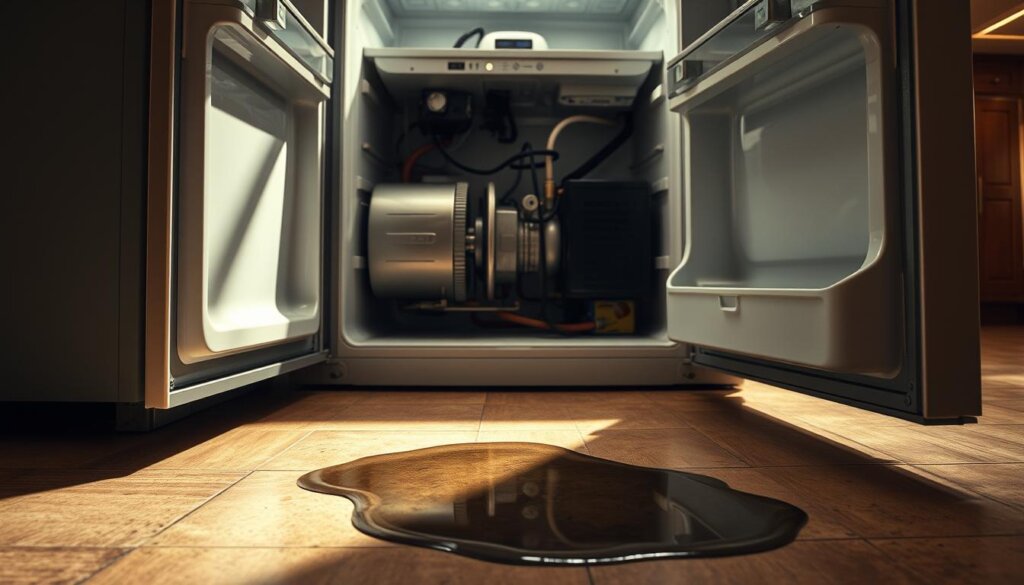 A detailed, high-resolution image of a kitchen interior showing the common causes of a refrigerator leak. In the foreground, a refrigerator with a visible puddle of water on the floor beneath it. The refrigerator's panels are slightly ajar, revealing the inner components. In the middle ground, the compressor and coolant lines are clearly visible, with signs of damage or wear and tear. In the background, the kitchen countertop and appliances are in focus, creating a sense of depth and context. The lighting is soft and natural, creating shadows and highlights that accentuate the details. The overall mood is one of problem-solving and investigation, inviting the viewer to explore and understand the underlying issues.