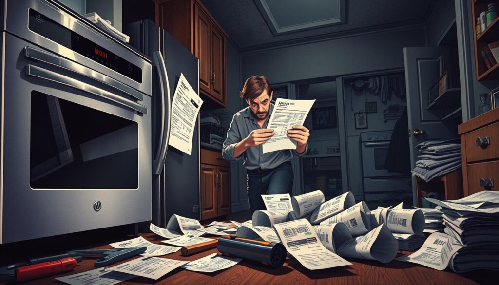 A detailed illustration of the financial implications of deferred appliance maintenance. In the foreground, a high-end kitchen appliance, such as a stove or refrigerator, surrounded by scattered repair tools and bills. The middle ground depicts a person anxiously reviewing invoices and receipts, highlighting the escalating costs of delayed repairs. The background features a dimly lit, cluttered home interior, conveying a sense of neglect and the gradual deterioration of the appliance over time. The lighting is harsh, casting shadows that emphasize the growing financial burden. The overall mood is one of concern and the realization that ignoring maintenance can have significant financial consequences.