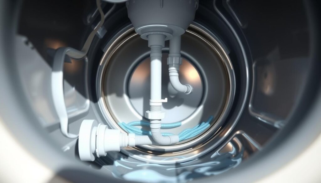 A detailed, technical illustration of a washing machine's drainage system, showcasing the internal components and piping in a well-lit, cutaway view. The foreground should feature the drain pump, filter, and hose connections, while the middle ground reveals the water paths and drainage routes. The background should provide context, such as the washing machine's casing or the surrounding cabinetry, to situate the system within a realistic domestic setting. Render the scene with a blend of technical precision and natural lighting, creating a visually informative yet aesthetically pleasing image that effectively communicates the workings of a washing machine's drainage mechanism.