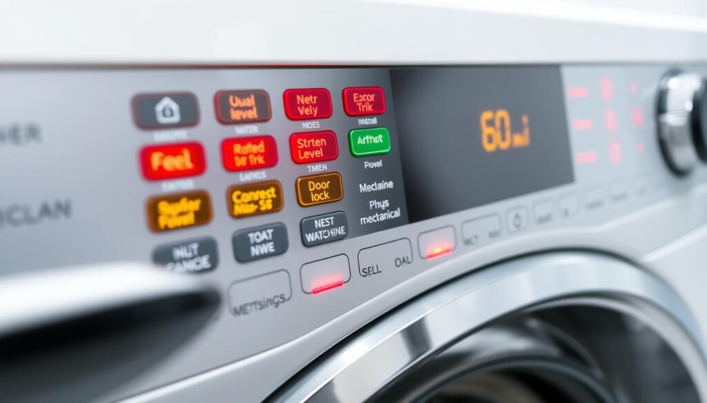 A digital washing machine control panel with a grid of LED indicator lights displaying various error codes. The panel is well-lit, with a metallic grey or silver finish, and features a clean, modern aesthetic. The error codes are clearly visible, showcasing common issues like overloading, water level imbalance, door lock malfunction, or mechanical failures. The panel is photographed at a slight angle, creating depth and emphasizing the technical details. The lighting is bright and evenly distributed, allowing for a crisp, high-resolution rendering of the control interface.
