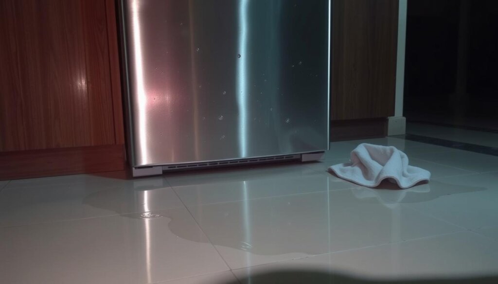 A dimly lit kitchen in Sharjah, UAE, with a refrigerator leaking water onto the tiled floor. The fridge is a stainless steel model, partially obscured by a puddle of clear liquid spreading outwards. The surrounding cabinetry and appliances are slightly hazy, suggesting poor lighting conditions. Droplets of water glisten on the refrigerator's surface, and a damp towel lies nearby, hinting at the homeowner's attempts to contain the leak. The scene evokes a sense of frustration and the need for immediate attention to the problem.
