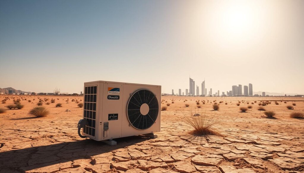 A harsh, sun-drenched desert landscape under a scorching midday sky. In the foreground, a modern air conditioning unit stands out against the arid terrain, its exterior panels shimmering in the intense heat. Surrounding it, cracked earth and sparse vegetation struggle to survive the relentless climate. In the distance, the silhouettes of towering buildings emerge, their facades reflecting the sun's glare. The overall scene conveys the immense strain an Ajman air conditioning system must endure to maintain comfort in such a punishing environment, highlighting the critical importance of timely maintenance and servicing.