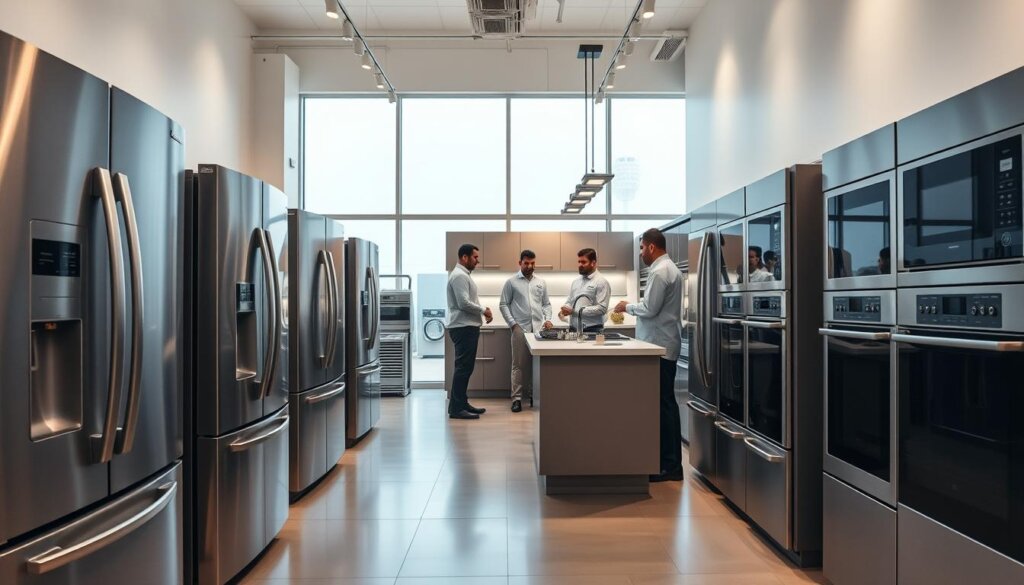 A high-end luxury appliance showroom in Ajman, Sharjah. The foreground features sleek, gleaming refrigerators, dishwashers, and ovens in stainless steel and premium finishes. The middle ground showcases a well-organized service counter with technicians in crisp uniforms, offering consultations. In the background, large windows provide natural light, casting a warm, inviting glow. The overall atmosphere conveys professionalism, attention to detail, and a commitment to maintaining the highest standards of luxury appliance care. Lighting is soft, diffused, emphasizing the premium materials and finishes. The camera angle is slightly elevated, giving a sense of sophistication and quality.