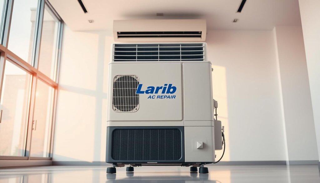 A modern and well-maintained air conditioning unit in a clean, well-lit indoor space. The unit is prominently displayed, with the "Larib AC Repair" logo visible on the front panel. The surrounding area is free of clutter, with a sleek, minimalist design aesthetic. Warm, natural lighting filters in through large windows, casting a soft glow on the scene. The overall atmosphere conveys a sense of efficiency, cleanliness, and attention to detail - reflecting the importance of preventive measures for maintaining optimal air quality and cooling performance.