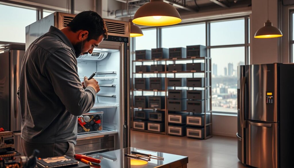 A modern refrigerator undergoing professional maintenance in a well-lit Sharjah repair shop. In the foreground, a technician examines the inner workings, tools and spare parts neatly arranged nearby. Midground shows the fridge's exterior, chrome finish gleaming under warm pendant lighting. In the background, shelves stocked with similar appliances await servicing, while large windows offer a glimpse of the bustling Sharjah cityscape outside. The scene conveys the importance of expert refrigerator upkeep to ensure reliable performance in Sharjah's hot climate.
