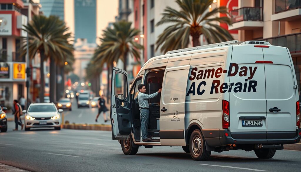 A modern, well-equipped air conditioning repair van parked on a bustling Sharjah street. The van's signage prominently displays "Same-Day AC Repair" in bold, eye-catching lettering. In the foreground, a skilled technician in a crisp uniform is swiftly accessing the van's toolkit, conveying a sense of efficiency and professionalism. The mid-ground features a lively urban backdrop of colorful buildings, palm trees, and passersby, creating an immersive Sharjah setting. Warm, golden lighting illuminates the scene, evoking a welcoming, trustworthy atmosphere. The overall composition emphasizes the convenience and reliability of the same-day AC repair service, ready to address the cooling needs of the local community.
