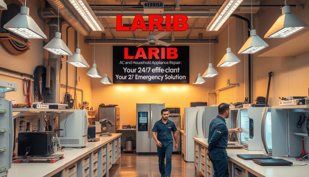A modern, well-equipped repair workshop nestled in the bustling heart of Sharjah. The interior is bathed in warm, ambient lighting, creating a welcoming atmosphere. Sleek, professional workbenches line the space, adorned with an array of specialized tools and equipment. A prominently displayed sign reads "LARIB AC and Household Appliance Repair: Your 24/7 Emergency Solution", conveying a sense of reliable, round-the-clock service. Technicians in crisp uniforms move efficiently, their faces reflecting a deep commitment to their craft. The overall scene exudes a harmonious blend of professionalism, technological prowess, and a customer-centric approach, ready to address any emergency refrigerator repair needs in Sharjah.
