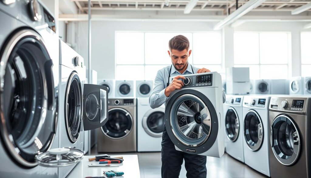A modern, well-equipped washing machine repair workshop in Abu Dhabi. In the foreground, a technician in a crisp uniform professionally examining the inner mechanisms of a washing machine, tools neatly arranged on a workbench. The middle ground showcases a variety of top-loading and front-loading models, their sleek designs hinting at the superior quality of luxury appliances. The background features a bright, airy space with floor-to-ceiling windows, natural light streaming in and highlighting the pristine cleanliness of the workspace. A serene, professional atmosphere conveys the expertise and attention to detail required for superior washing machine repair services.