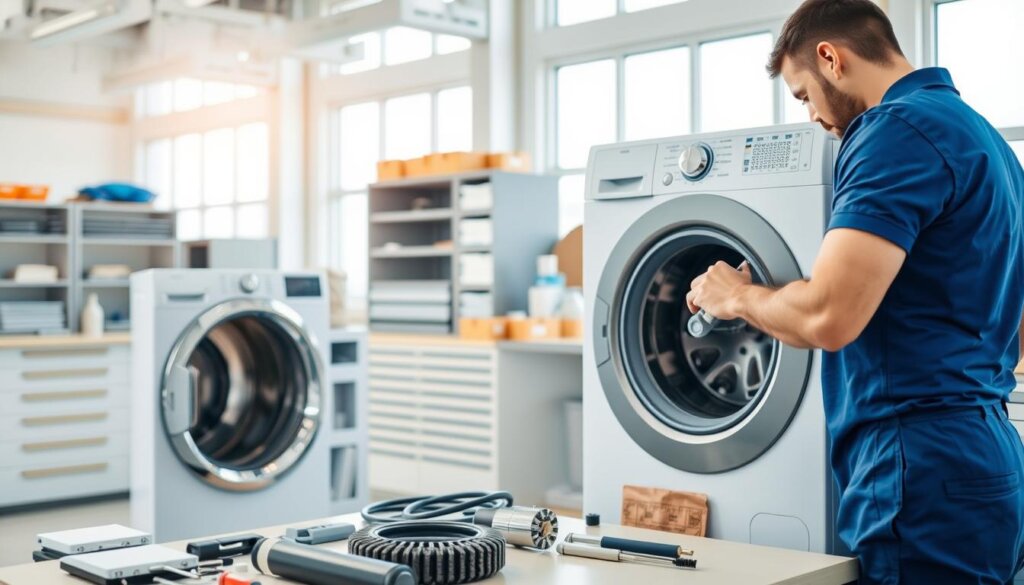 A modern, well-equipped workshop with a skilled technician carefully examining a washing machine. The foreground features the technician in a blue uniform, intently focused on the machine's inner workings, using specialized tools. The middle ground showcases a neatly organized workbench with an array of spare parts and diagnostic equipment. In the background, the workshop is filled with natural light streaming through large windows, creating a bright, professional atmosphere. The overall scene conveys a sense of expertise, efficiency, and the dedication required to provide reliable washing machine repair services in the UAE.