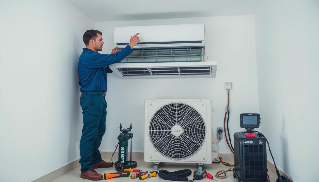 A professional HVAC technician inspecting a central air conditioning unit in a bright, well-lit room. The technician is examining the condenser coils, checking for any debris or damage, and testing the refrigerant levels. The room has clean, white walls and a tiled floor, creating a modern, clinical atmosphere. The lighting is diffused and softly illuminates the scene, casting subtle shadows. The technician is wearing a blue uniform with the LARIB logo, instilling a sense of professionalism and expertise. The AC unit is situated in the middle ground, surrounded by various tools and diagnostic equipment. The overall composition emphasizes the attention to detail and thoroughness of the AC inspection process.