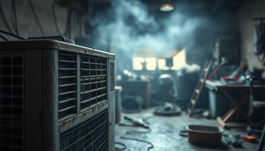 A run-down air conditioning unit sits in the foreground, its once-pristine exterior now covered in grime and rust. The surrounding environment is dimly lit, with a hazy, oppressive atmosphere that seems to hang heavily in the air. The AC unit's filters are clogged, and a faint, unpleasant odor emanates from it, suggesting a buildup of mold and bacteria. In the middle ground, a cluttered, neglected workshop space comes into view, with tools and spare parts scattered haphazardly. The background is blurred, but a sense of dilapidation and neglect pervades the scene, creating a sense of unease and the need for professional intervention.