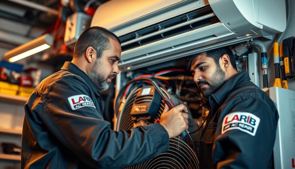 A skilled HVAC technician intently examining the inner workings of an air conditioning unit, showcasing the Larib AC Repair brand logo prominently displayed on their uniform. The technician is surrounded by an array of professional tools and diagnostic equipment, set against a backdrop of a well-organized, neatly organized workshop. Warm, focused lighting illuminates the scene, highlighting the technician's concentration and the intricate details of the AC components. The overall atmosphere conveys a sense of expertise, professionalism, and the technician's dedication to providing efficient and reliable AC repair services in Ajman.