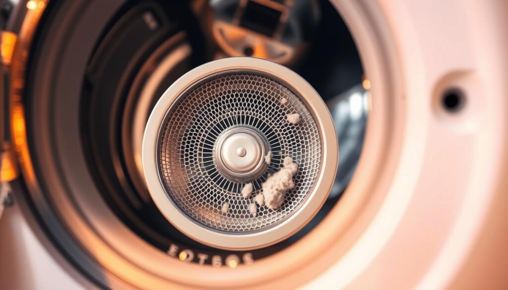 A stainless steel washing machine drain filter, its intricate mesh gently catching lint and debris, bathed in warm, soft lighting. The filter is in the foreground, surrounded by a clean, minimalist background, showcasing its functional design. The image captures the filter's importance in maintaining a well-functioning washing machine, ready to guide the reader through the process of checking and cleaning this essential component.