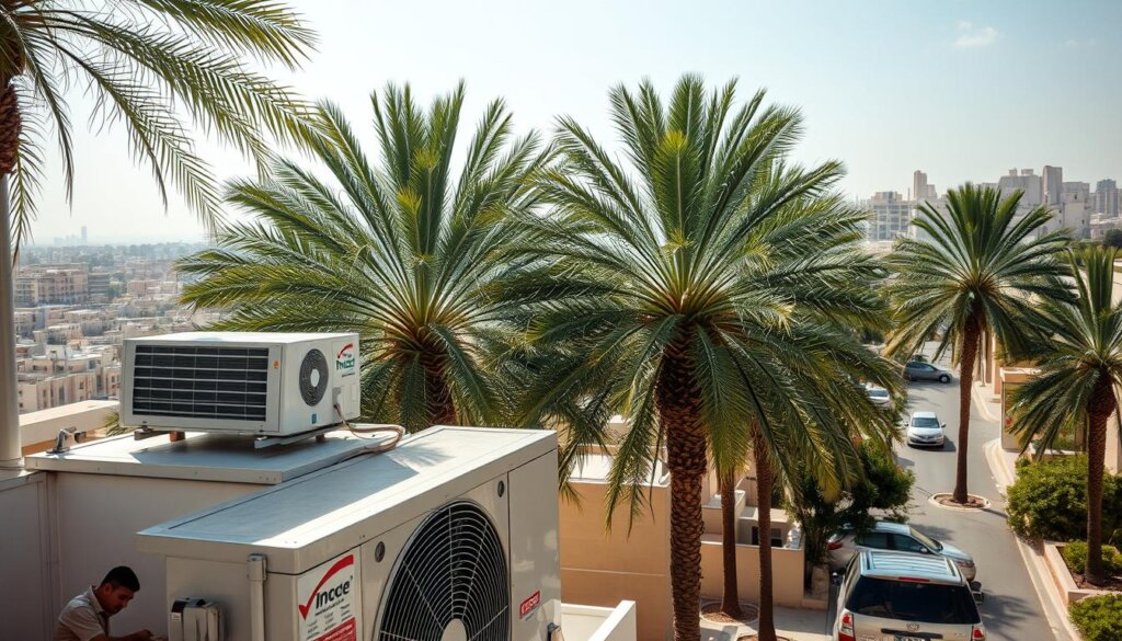 A sun-drenched Ajman street on a sweltering summer day. In the foreground, a well-maintained air conditioning unit sits atop a residential building, its sleek exterior gleaming. Surrounding it, lush palm trees sway gently in the breeze, casting soft shadows on the pavement below. In the middle ground, a skilled technician, clad in a crisp uniform, carefully examines the unit, tools in hand, ensuring optimal performance. In the background, the cityscape rises, a tapestry of modern architecture and ancient charm. The scene conveys the importance of timely AC service in Ajman, where the relentless heat demands a well-functioning cooling system.