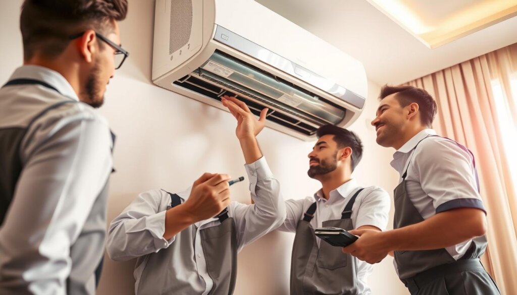 A team of skilled HVAC technicians, clad in crisp uniforms, diligently working on a high-efficiency AC unit in a well-lit, modern Sharjah apartment. The scene exudes professionalism, with the technicians employing specialized tools and taking meticulous care as they diagnose and swiftly resolve the issue. The background showcases the sleek, contemporary interior design of the home, complementing the efficient, reliable service being provided. Warm, natural lighting casts a welcoming glow, highlighting the technicians' expertise and the homeowner's satisfaction with the prompt, expert attention to their cooling needs.