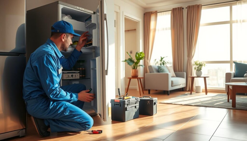 A technician in a blue uniform crouches down to inspect the compressor unit of a refrigerator in a cozy apartment in Sharjah. The kitchen is filled with natural light filtering through large windows, casting warm shadows on the tiled floor. In the background, a half-open door leads to a living room where a potted plant sits on a wooden side table. The technician's tools are neatly arranged on a small toolbox next to the fridge, ready for the repair. The scene conveys a sense of professionalism and attention to detail as the technician troubleshoots the source of the leak.