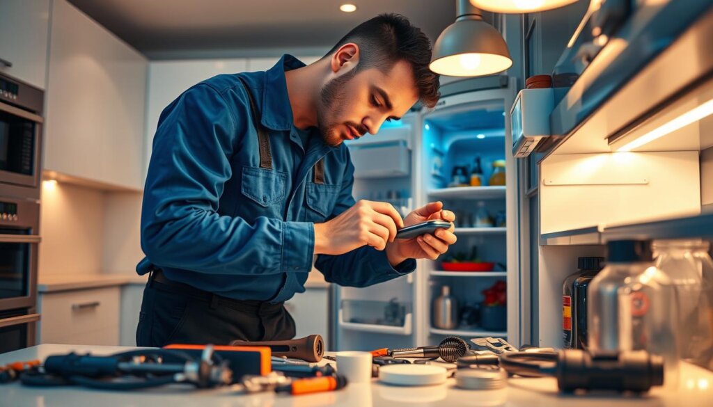 A technician in a blue uniform diligently examining the inner workings of a refrigerator, surrounded by various tools and spare parts. The scene is set in a well-lit, modern kitchen with sleek appliances and clean surfaces, conveying a professional and efficient atmosphere. Warm lighting from overhead fixtures casts a subtle glow, highlighting the technician's focused expression as they troubleshoot the issue. The refrigerator is the central focus, with the technician's hands and tools positioned in a way that suggests a methodical, expert-level repair process. The overall impression is one of reliable, on-demand service to address an urgent household need.