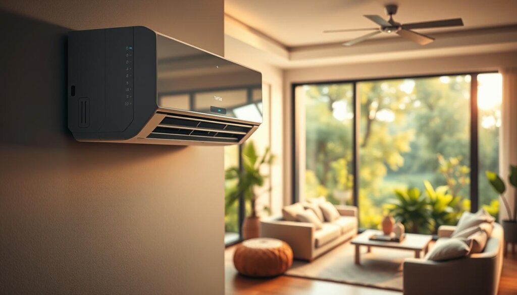 A visually striking interior scene depicting a modern, energy-efficient home air conditioning system. The foreground showcases a sleek, minimalist AC unit mounted on the wall, its digital display and controls indicating precise temperature and airflow settings. The middle ground features a cozy living room bathed in soft, warm lighting, with plush furniture and natural decor elements. The background reveals large windows overlooking a lush, verdant outdoor landscape, emphasizing the connection between efficient climate control and a comfortable, sustainable living environment. The overall mood conveys a sense of tranquility, efficiency, and environmental harmony, reflecting the impact of well-maintained appliances on home comfort and energy efficiency.