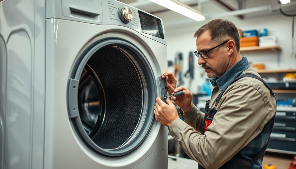 A washing machine repair technician diligently examining the internal components of a malfunctioning washing machine, using specialized tools and a focused expression. The machine is positioned on a workbench in a well-lit, orderly workshop with various repair supplies and equipment visible in the background. The technician's hands are delicately manipulating the machine's mechanisms, searching for the source of the problem that is causing it to not spin or agitate properly. The scene conveys a sense of professionalism, problem-solving, and the skilled care required to restore the washing machine to proper working order.