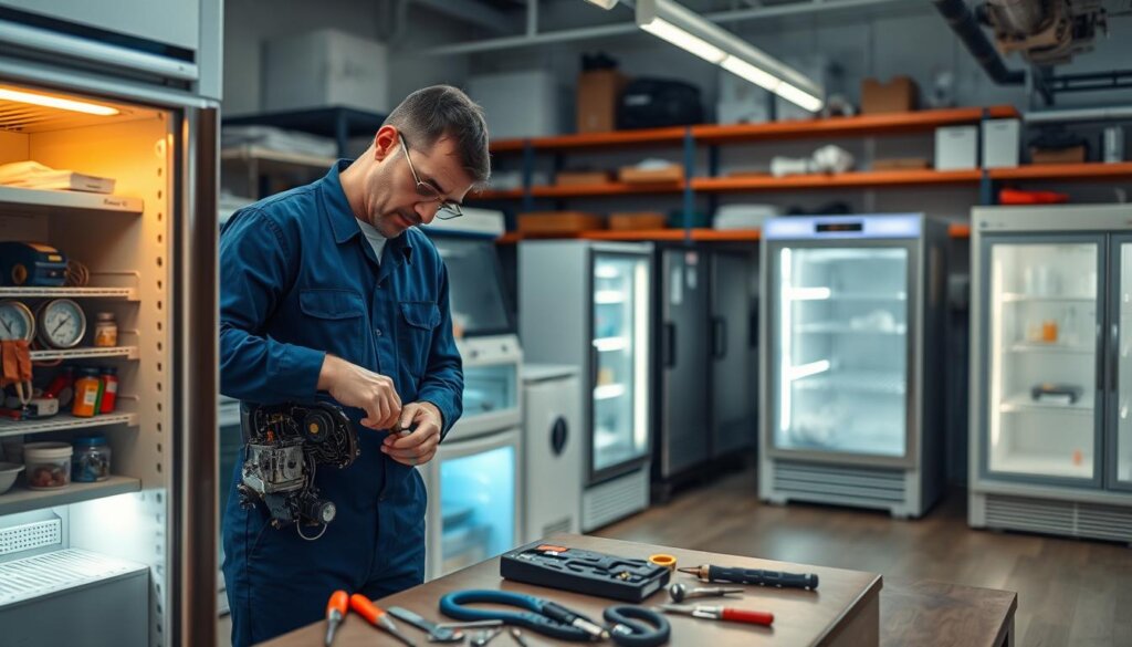 A well-equipped and organized refrigeration service workshop. In the foreground, a technician in a blue uniform is carefully examining a commercial refrigerator unit, tools neatly arranged on a workbench. Intricate mechanical components and gauges are visible, hinting at the specialized expertise required. The middle ground features a selection of different refrigeration systems, from small display coolers to larger walk-in freezers, all meticulously maintained. Soft, warm lighting illuminates the scene, creating a professional and efficient atmosphere. In the background, shelves stocked with spare parts and diagnostic equipment suggest a comprehensive, one-stop solution for all refrigeration service needs.