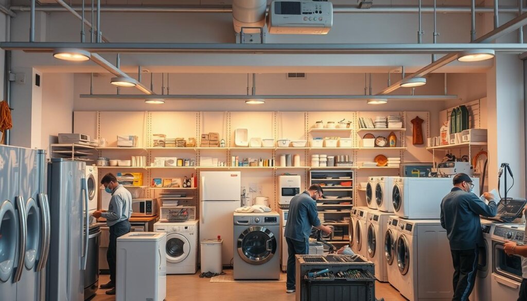 A well-equipped appliance repair workshop in Sharjah, UAE. In the foreground, a team of skilled technicians diligently work on various household appliances, including refrigerators, washing machines, and dishwashers. The middle ground features a neatly organized inventory of spare parts and tools, reflecting the comprehensive service offerings. In the background, a modern, clean, and well-lit space with professional-grade equipment creates an atmosphere of efficiency and expertise. Warm lighting and a neutral color palette convey a sense of reliability and trust, crucial for a customer-centric appliance repair service. The overall scene captures the essence of a one-stop-shop for all home appliance repair needs in Sharjah.
