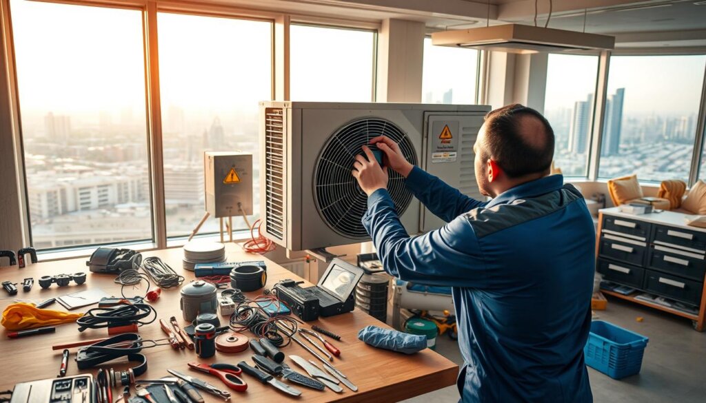 A well-lit HVAC repair workshop in Sharjah, with a technician in the foreground inspecting a central air conditioning unit. The middle ground features various tools, spare parts, and a workbench, while the background showcases the bustling city skyline through a large window. The scene conveys a sense of professionalism and expertise, with a focus on addressing the whistling and hissing sounds commonly associated with problematic AC systems. The lighting is warm and inviting, creating a pleasant atmosphere for the viewer.