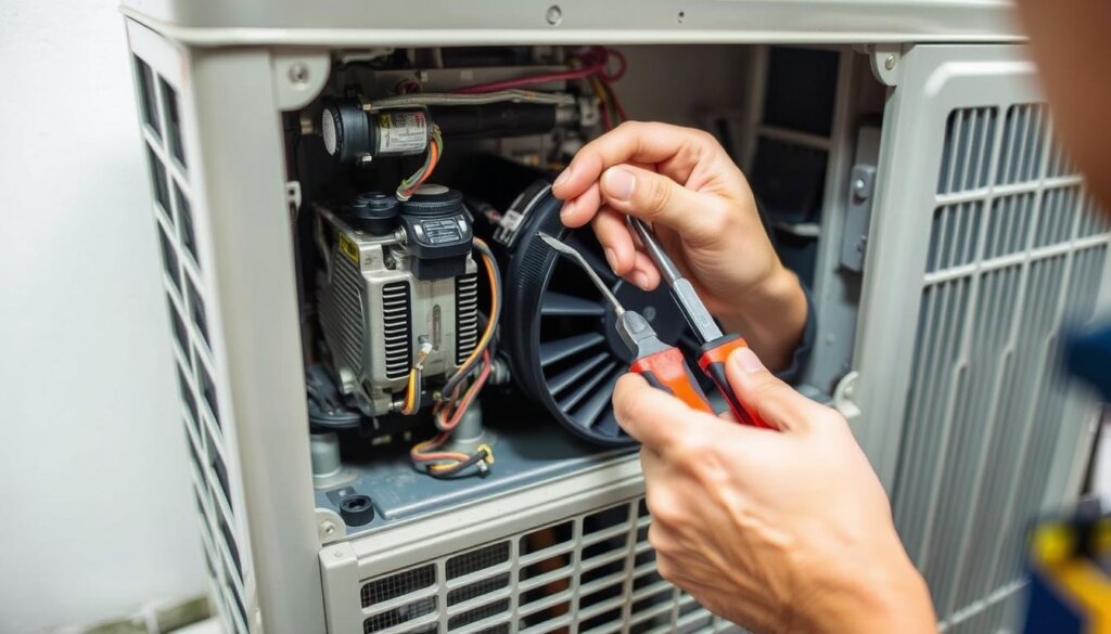 A well-lit, close-up shot of an AC unit undergoing repair, showcasing the inner workings. The foreground features the technician's hands, expertly manipulating tools to address a rattling or vibrating issue. The middle ground highlights the exposed components, such as the compressor, coils, and fans, while the background provides a clean, neutral setting, allowing the subject to be the focal point. The image conveys a sense of professionalism, attention to detail, and a problem-solving mindset, reflecting the "Quick Fixes for Rattling and Vibrating Noises" section of the article.
