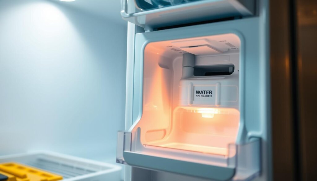 A well-lit, close-up view of a refrigerator's interior, showcasing an open panel revealing the water tank and ice maker components. The scene is crisp and detailed, with a sense of technical precision. The lighting accentuates the intricate mechanics and highlights any visible leaks or damage. The background is slightly blurred, keeping the focus on the refrigerator's inner workings. The overall mood is one of problem-solving and troubleshooting, inviting the viewer to closely examine the issue at hand.