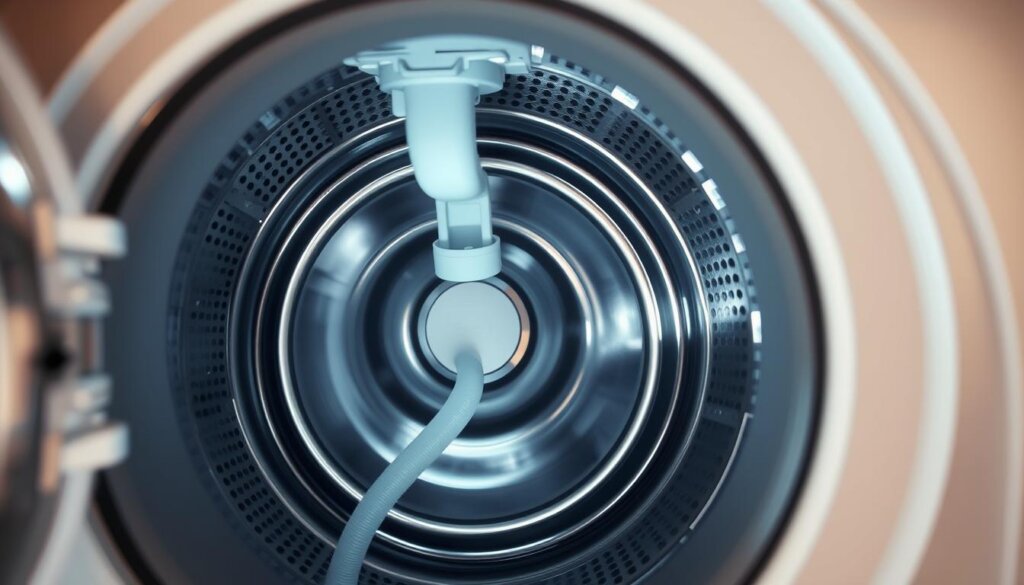 A well-lit, close-up view of a washing machine's interior components, with a focus on the areas prone to leaks. The image should showcase the water valve, hoses, and seals in crisp detail, allowing the viewer to identify potential failure points. The lighting should be bright and even, creating clear shadows to highlight the machine's intricate structure. The angle should be angled slightly downward, providing a comprehensive overview of the components without distracting clutter. The overall mood should convey a sense of technical precision and problem-solving, guiding the viewer to understand the key areas that may require repair.