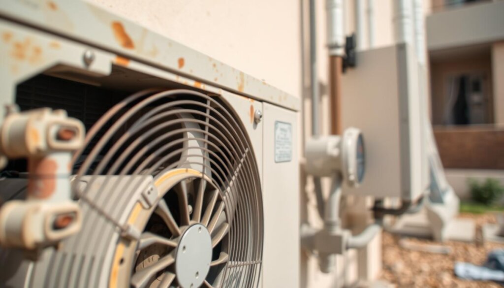 A well-lit, detailed close-up of a noisy air conditioning unit in Sharjah, UAE. The foreground shows the AC compressor, fans, and casing, with visible wear and tear. The middle ground features the unit's control panel and drainage pipes. The background subtly suggests the surrounding residential environment. The lighting is natural, highlighting the unit's various components. The overall mood is one of technical inspection, capturing the essence of diagnosing a common noise issue experienced by Sharjah residents.