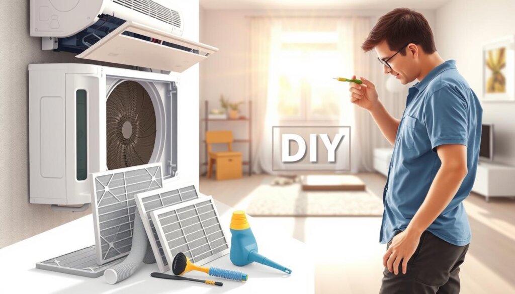 A well-lit, detailed illustration showcasing various DIY AC maintenance tasks. In the foreground, a person in casual clothing stands beside an open AC unit, examining its components with a screwdriver. The middle ground features a set of AC filters, a coil cleaner, and other maintenance tools neatly organized. The background depicts a modern, minimalist home interior, with sunlight streaming through the windows, creating a warm, inviting atmosphere. The overall composition conveys a sense of approachable, step-by-step guidance for maintaining an AC unit without professional assistance.