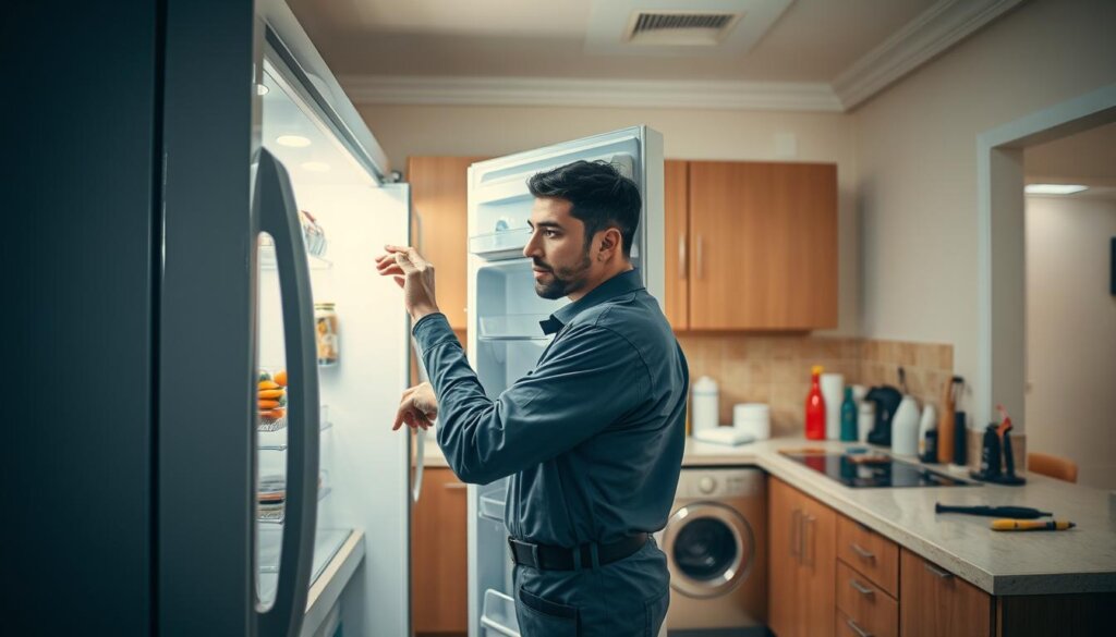 A well-lit, detailed interior scene of a residential kitchen in Sharjah, United Arab Emirates. In the foreground, an open refrigerator door reveals its contents, with a technician in a uniform inspecting the inner workings. Crisp, natural lighting illuminates the fridge's components and the technician's focused expression. In the middle ground, the kitchen countertop holds various maintenance tools and supplies. The background showcases the warm, earthy tones typical of Sharjah architecture, with tiled floors and walls. The overall atmosphere conveys a sense of technical expertise and environmental adaptation required for effective refrigerator maintenance in Sharjah's hot, humid climate.