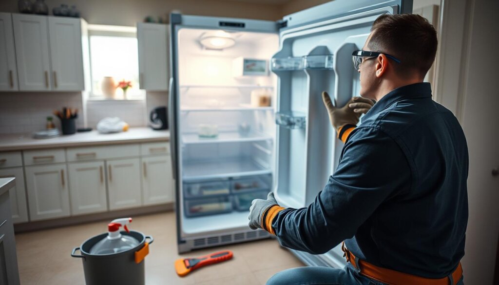 A well-lit, detailed scene showcasing a person performing refrigerator maintenance tasks in a home setting. The foreground features a person in safety gear such as gloves and goggles, carefully inspecting the interior of an open refrigerator, with tools and cleaning supplies nearby. The middle ground shows the refrigerator in context, situated in a kitchen with tiled floors and cabinets. The background depicts a clean, organized kitchen environment with natural lighting from a window. The overall mood is one of professionalism, care, and attention to safety protocols when handling household appliances.