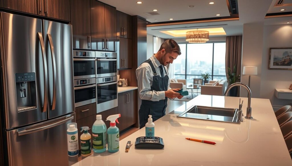 A well-lit, high-angle view of a modern kitchen counter showcasing an array of luxury home appliances, including a sleek stainless steel refrigerator, a state-of-the-art oven, and a premium dishwasher. In the foreground, a technician in a crisp uniform is performing routine maintenance checks, using specialized tools and equipment. The middle ground features various cleaning products and preventive maintenance kits, while the background depicts a panoramic view of a sophisticated Emirati interior, with warm lighting and minimalist decor. The overall atmosphere conveys a sense of professionalism, attention to detail, and the importance of proactive appliance care for luxury homeowners in Ajman and Sharjah.