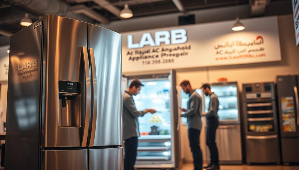 A well-lit, high-resolution photograph showcasing LARIB AC and Household Appliance Repair's Sharjah fridge service. In the foreground, a modern, stainless steel refrigerator stands prominently, its sleek exterior reflecting the skilled technicians at work. In the middle ground, a team of uniformed experts examines the inner workings, using specialized tools to ensure optimal performance. The background features the company's signage and branding, conveying a sense of professionalism and expertise. The lighting is warm and inviting, creating a welcoming atmosphere that reflects LARIB's commitment to comprehensive fridge service in Sharjah.