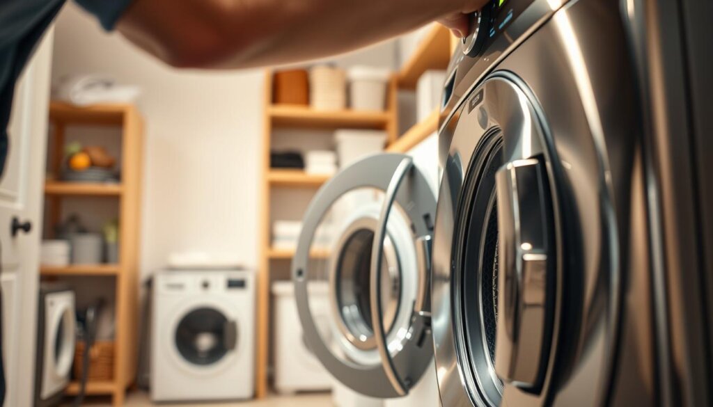 A well-lit interior scene of a modern washing machine undergoing maintenance. In the foreground, a technician's hand is visible, carefully inspecting the machine's components. The middle ground features the washing machine itself, its sleek stainless steel exterior shining under the bright lighting. In the background, a tidy laundry room with shelves and storage containers can be seen, conveying a sense of organization and attention to household chores. The lighting is soft and even, creating a warm, inviting atmosphere. The camera angle is slightly elevated, providing a clear view of the washing machine's inner workings. The overall scene communicates the importance of proper maintenance for ensuring the longevity and efficient operation of household appliances.